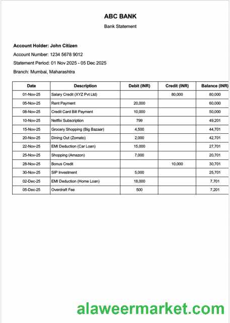 India ABC Bank statement Word and PDF template